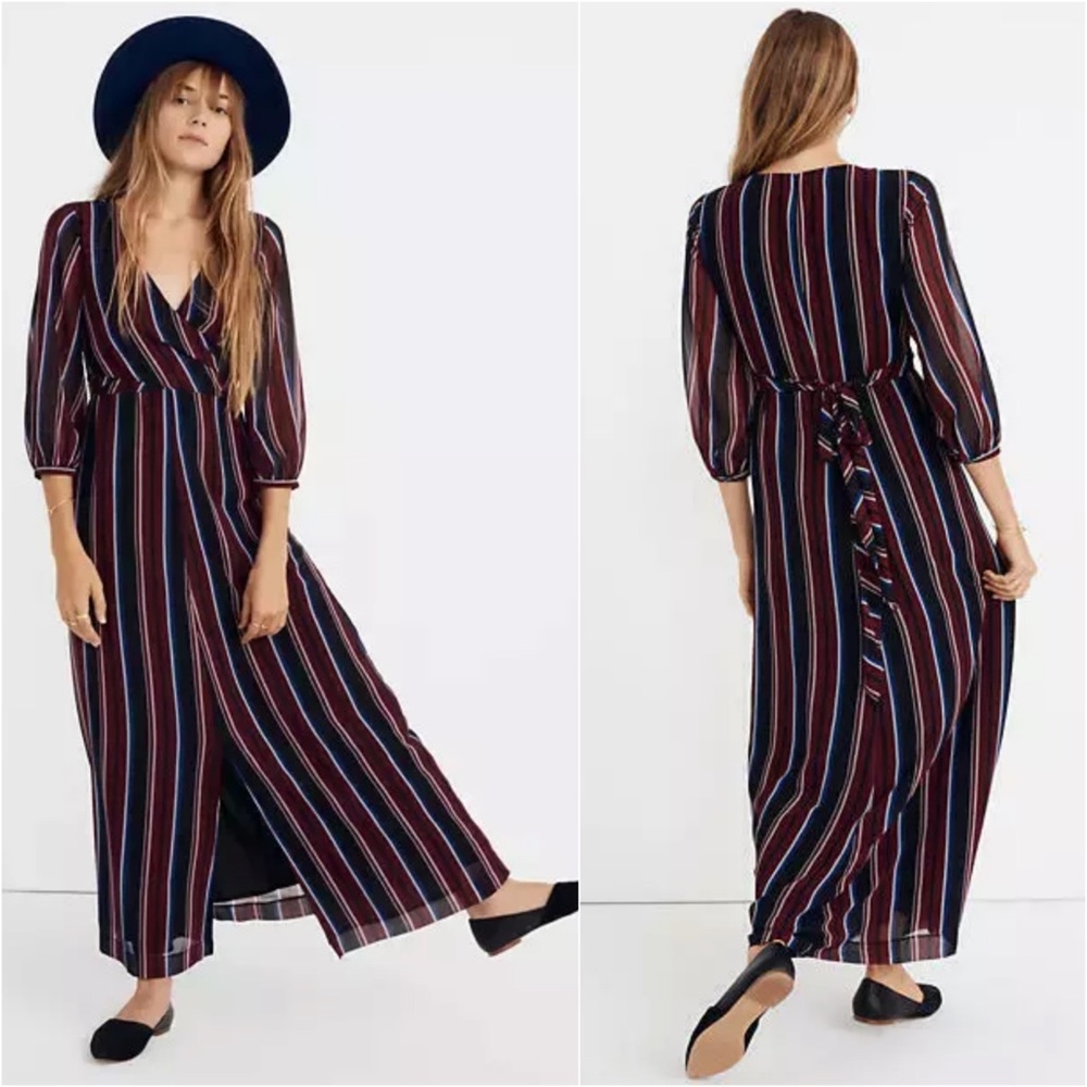 Madewell Wraparound Maxi Dress Black Red Blue Stripe V Neck